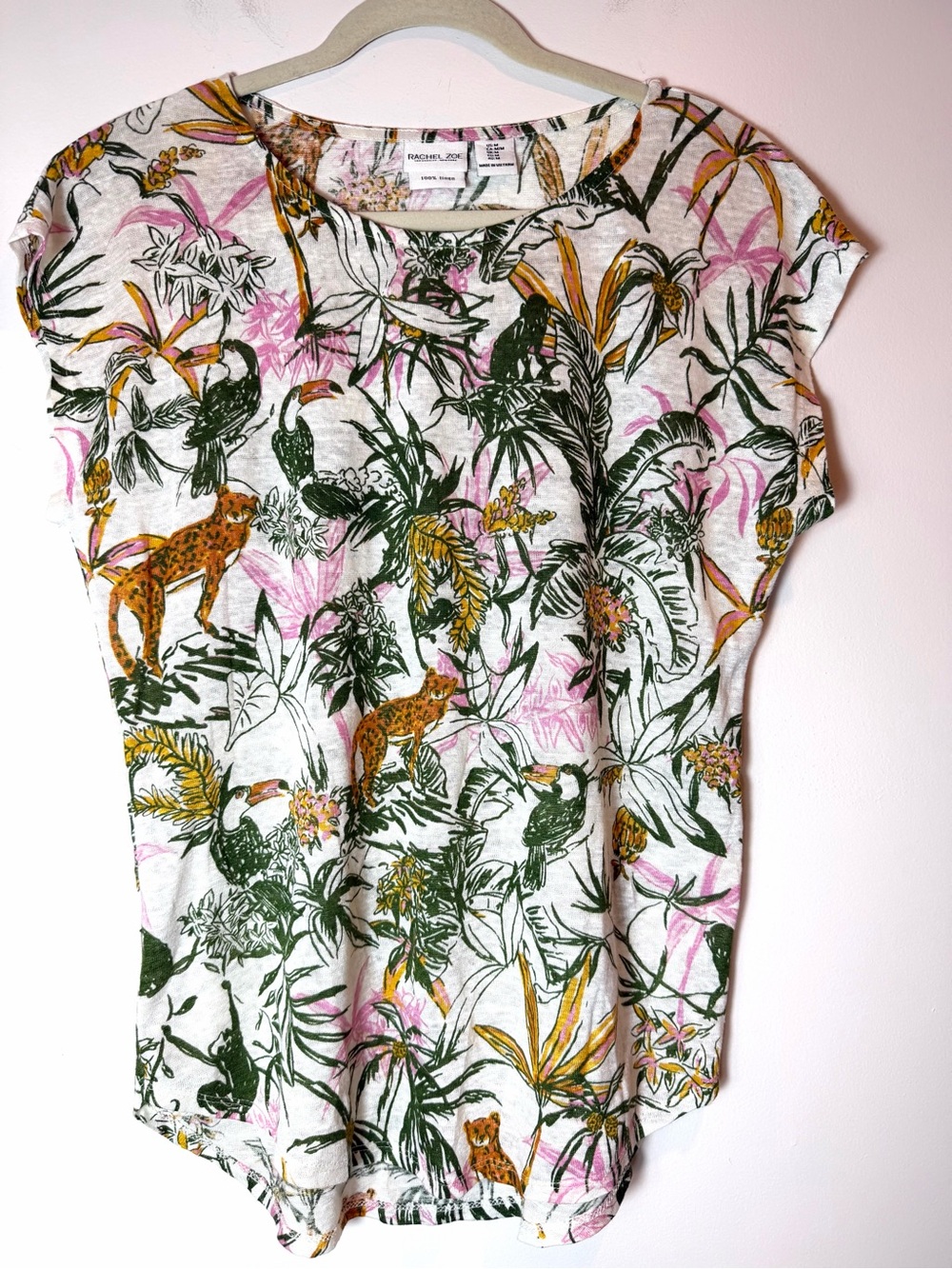 Rachel Zoe 100% Linen Tropical Jungle Leopard Toucan Print Top Meduim
